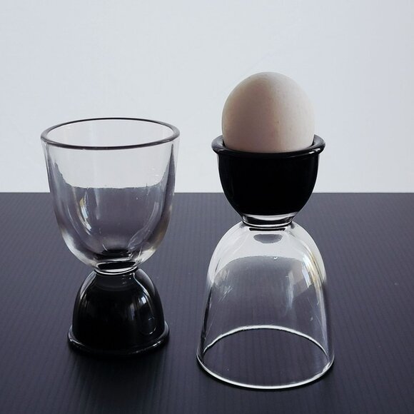 Unknown Other - Vintage Double Egg Cup Set of 2, Black & Clear Glass, Large 4.5 Size, Minimalist